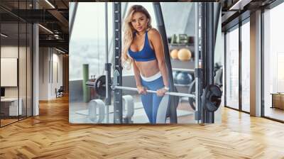 Sexy girl wearing sportswear is posing next smith machine in the fitness center. Wall mural