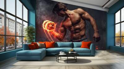 Shirtless bodybuilder doing exercises. Wall mural