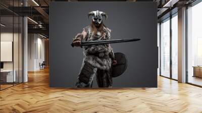 Shot of ancient viking dressed in fur and horned helmet against gray background. Wall mural