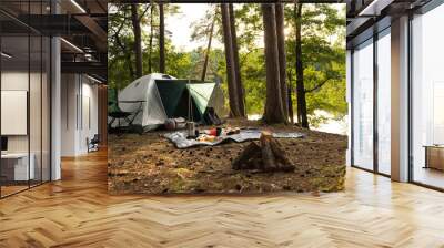 Shot of tourist tent with food and drink on rug in summer wood in daytime. Wall mural