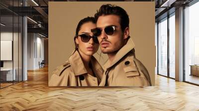 Striking couple wearing stylish sunglasses and beige trench coats against a plain background Wall mural