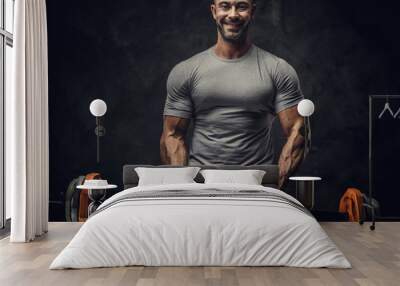 Strong, adult, fit muscular caucasian man coach posing for a photoshoot in a dark studio under the spotlight wearing grey sportswear, showing his muscles and holding a sport gear looking confident and Wall mural