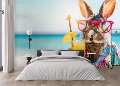 Sunglasses bunny holds tropical drink Wall mural