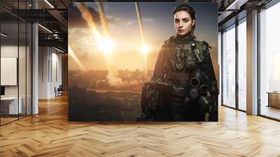 The portrait of a self-assured female soldier in military attire, defiantly posing as rockets rain down on a Middle Eastern city, leaving trails of destruction in the sky Wall mural