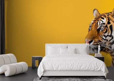 The sharp details of a Bengal tiger musing to the right on a simple yellow backdrop, emphasizing every stripe and whisker Wall mural