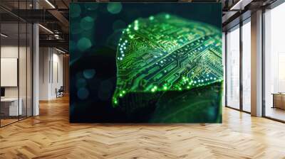 This image showcases a leaf with a glowing circuit board pattern, symbolizing a fusion of nature and technology Wall mural