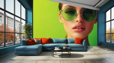 Woman in round green sunglasses with slight smile on face. Wall mural