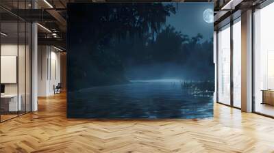 a swamp in an eerie moonlit misty forest Wall mural