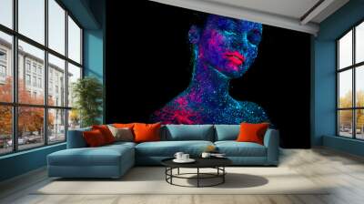 Profile portrait of a beautiful girl alien. Ultraviolet body art blue night sky with stars and pink jellyfish Wall mural