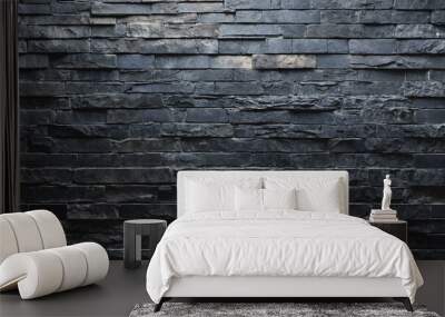 Background and texture of black blue stone brick with light illuminated in places. Panorama. Wall mural