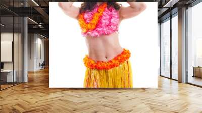 Beautiful young female dancer in traditional Hawaii dress in with orange skirt and flower wreath in her hair in various poses Wall mural