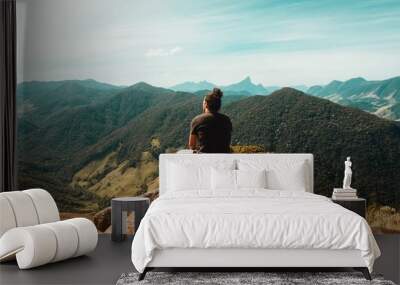 Wide shot of a person sitting on top of mountains of the Atlantic Forest in Rio De Janeiro Wall mural