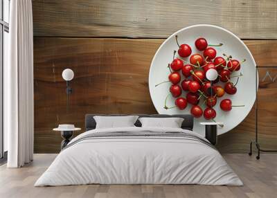 A portrait of a white plate sitting on a beautiful wooden table counter containing delicious cherries lit up by a bright sunny day Wall mural