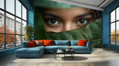 A portrait of beautiful female model with stunning eyes hiding in the bushes of a beautiful jungle background during the day time closeup shot and sharp colors Wall mural