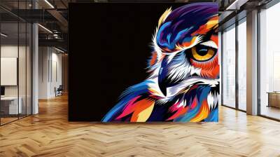 Abstract Portrait of an owl in multicolor with black background wallpaper and copy space Wall mural