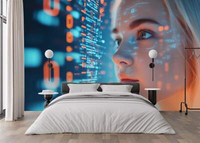 Beautiful female IT specialist analyzing a digital security threat made of future holographic data information, data in the foreground and technology artificial intelligence background concept Wall mural