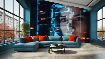 Beautiful female IT specialist analyzing a digital security threat made of future holographic data information, data in the foreground and technology artificial intelligence background concept Wall mural