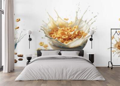 Breakfast cereal in a bowl with milk splash isolated png Wall mural