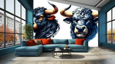 bull buffalo head face multiple angles hand drawn watercolor isolated png Wall mural