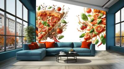 cheese pizza basil splash isolated png Wall mural