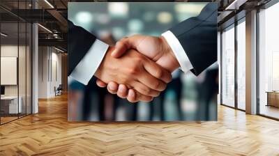 Close-up of business people shaking hands over blurred background Wall mural