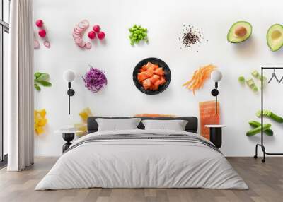 set ingredient poke bowl isolated white background top view Wall mural