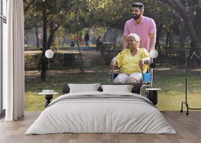 Male physical therapist discussing with senior woman in wheelchair at park. Wall mural