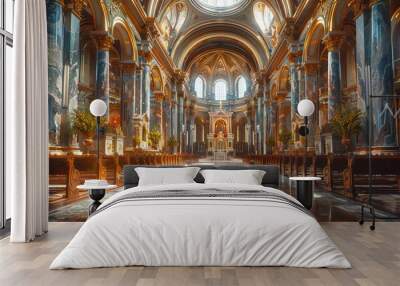 A large, ornate church with a long, empty aisle Wall mural