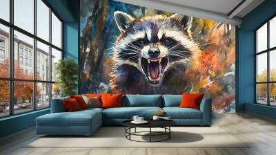 An image of an angry raccoon with its mouth open and teeth bared Wall mural