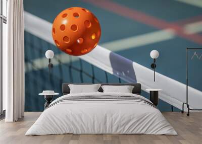 Orange Pickleball crossing a Pickleball net with shadow on the top tape. Wall mural