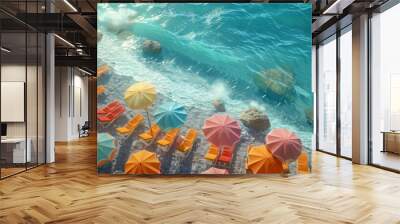 A beach scene with many colorful umbrellas and chairs Wall mural