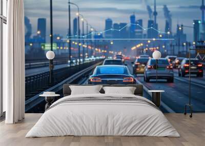 A car is driving down a highway with a city skyline in the background Wall mural