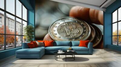 A close-up of a hand holding a silver coin with a euro symbol Wall mural