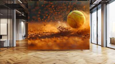 A close-up shot of a tennis ball bouncing on the red clay court, sending up a cloud of dust. Wall mural