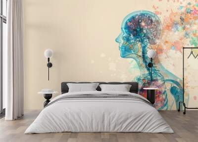 A colorful drawing of a human skeleton with a brain Wall mural