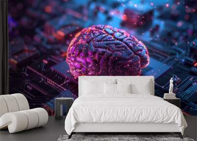 A computer chip with a brain on top of it Wall mural