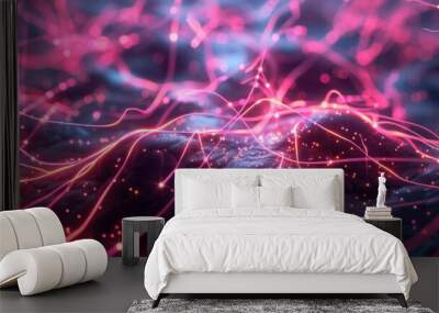 A computer generated image of pink and purple lines that are glowing Wall mural