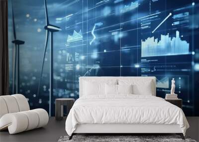 A computer screen shows a city skyline with two wind turbines in the background Wall mural