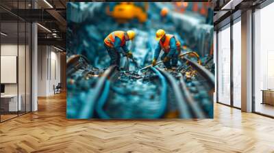 A detailed view of engineers laying down underground power cables. Wall mural