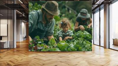 A family working together to harvest vegetables in a closed system farm Wall mural