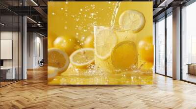 A glass of lemonade with lemon slices, lemon juice being poured, and a simple yellow juice box on a bright yellow background Wall mural