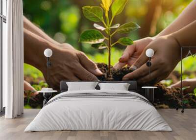 A group of people are planting a tree together Wall mural