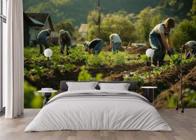 A group of people are working in a field of vegetables Wall mural