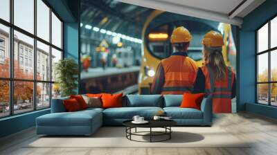 a high-speed train engineer consulting with a logistics manager on a platform, discussing operational efficiency. Wall mural