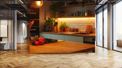 A kitchen with a wooden countertop and a light on Wall mural