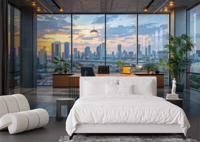 A large window office with a view of the city skyline Wall mural