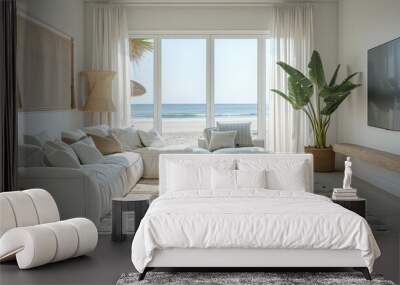 A living room with a white couch, a coffee table, and a potted plant Wall mural