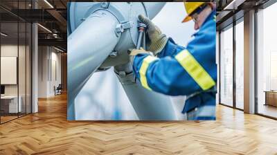 A man in a yellow and blue safety vest is working on a wind turbine Wall mural