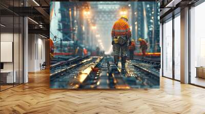 A man in an orange safety suit walks on a train track Wall mural