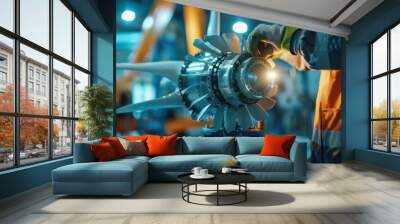 A man is working on a jet engine in a factory Wall mural